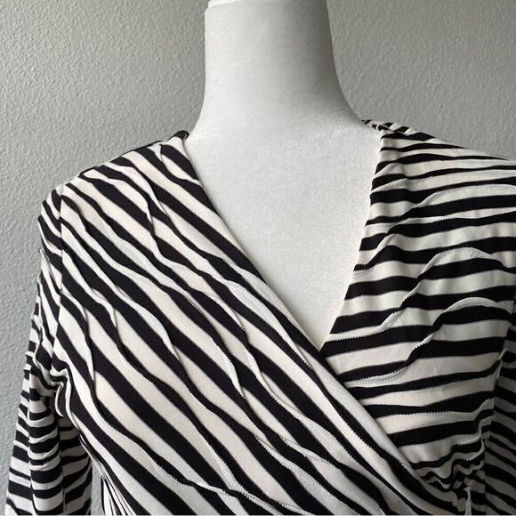 Chico’s Stripe Print Surplice Wrap Neck Black White Sheath Dress - Picture 9 of 15